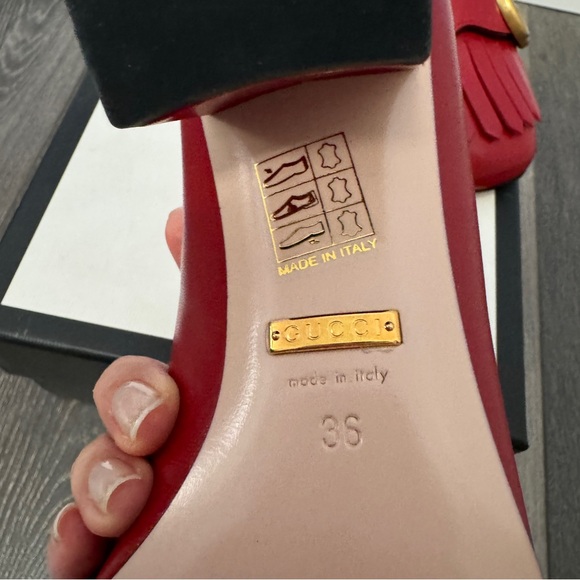 NIB Authentic Gucci Red Leather Fringe Mid-Heel Marmont Pump Size 36 - Picture 5 of 6